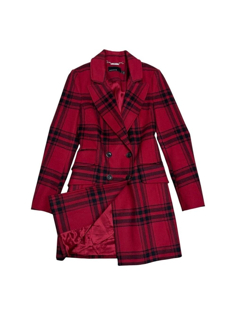 KAREN MILLEN Wool Cashmere Pea Coat Plaid Red Winter Long Trench Womens 4 NWOT